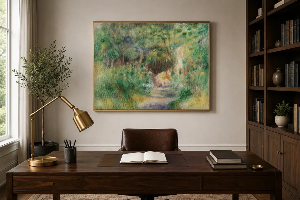Framed print of Landscape with Woman Gardening (Paysage et femme jardinant) hanging on a wall in a furnished room