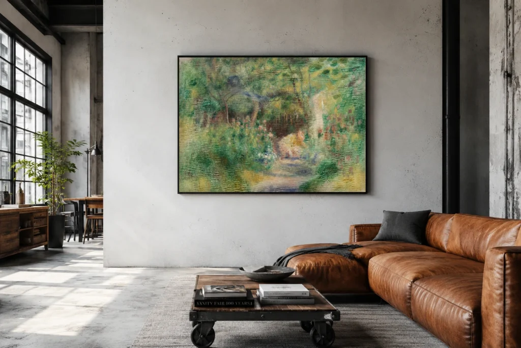 Framed print of Landscape with Woman Gardening (Paysage et femme jardinant) hanging on a wall in a furnished room