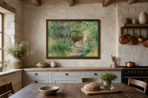 Framed print of Landscape with Woman Gardening (Paysage et femme jardinant) hanging on a wall in a furnished room