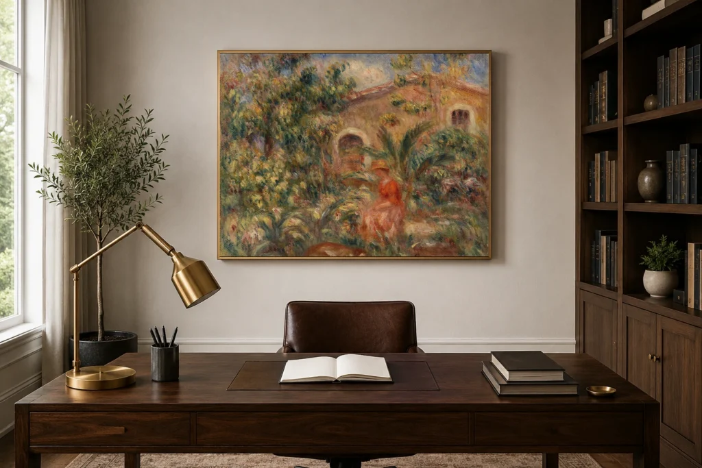 Framed print of Landscape with Woman and Dog (Femme et chien dans un paysage) hanging on a wall in a furnished room