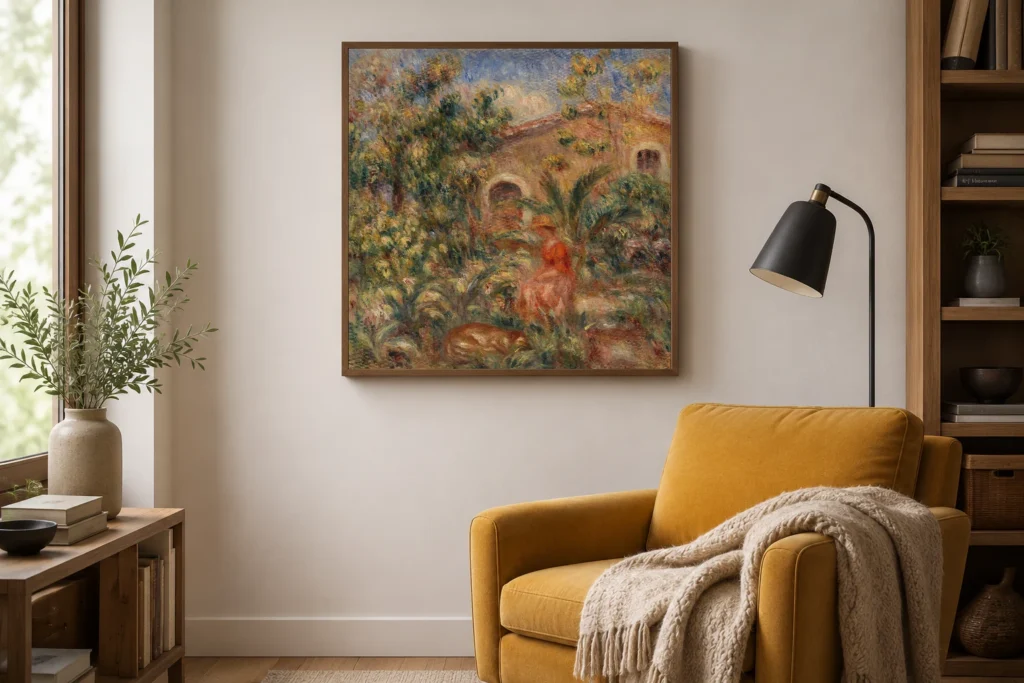 Framed print of Landscape with Woman and Dog (Femme et chien dans un paysage) hanging on a wall in a furnished room