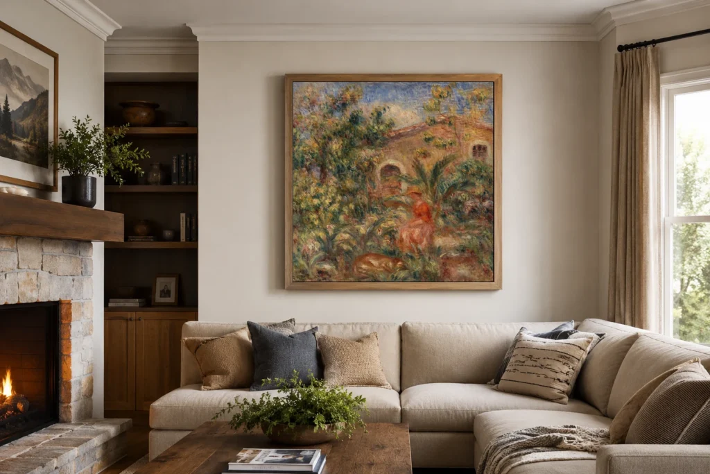 Framed print of Landscape with Woman and Dog (Femme et chien dans un paysage) hanging on a wall in a furnished room