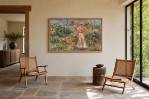 Framed print of Landscape with Woman in Pink and White (Paysage avec femme en rose et blanc) hanging on a wall in a furnished room