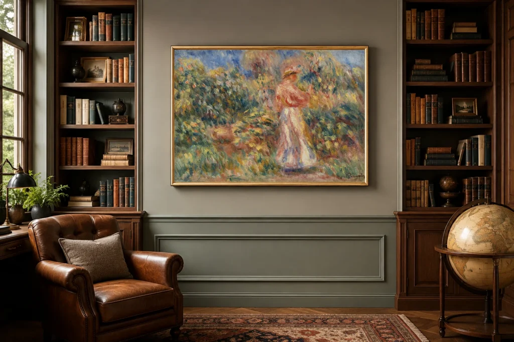 Framed print of Landscape with Woman in Pink and White (Paysage avec femme en rose et blanc) hanging on a wall in a furnished room