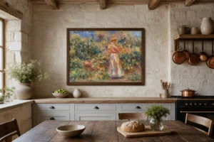 Framed print of Landscape with Woman in Pink and White (Paysage avec femme en rose et blanc) hanging on a wall in a furnished room