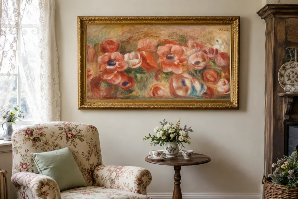 Framed print of Anemones (Anémones) hanging on a wall in a furnished room