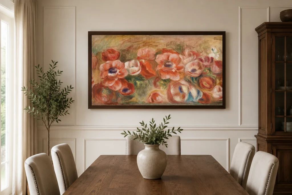Framed print of Anemones (Anémones) hanging on a wall in a furnished room