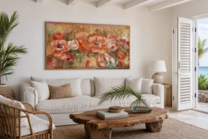 Framed print of Anemones (Anémones) hanging on a wall in a furnished room