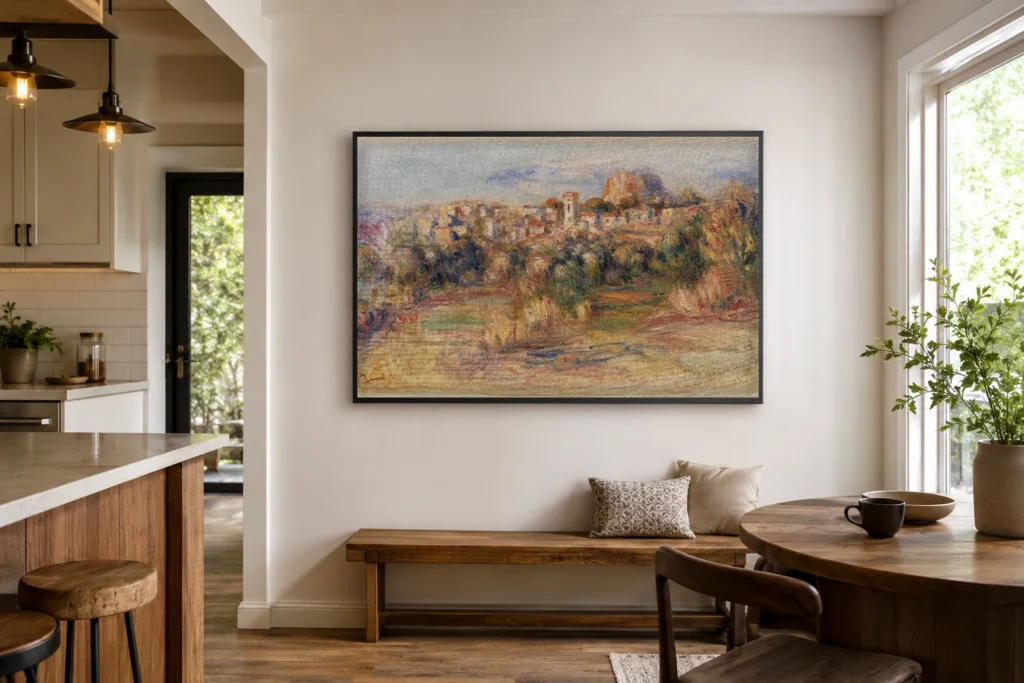 Framed print of Landscape, La Gaude (Paysage, La Gaude) hanging on a wall in a furnished room