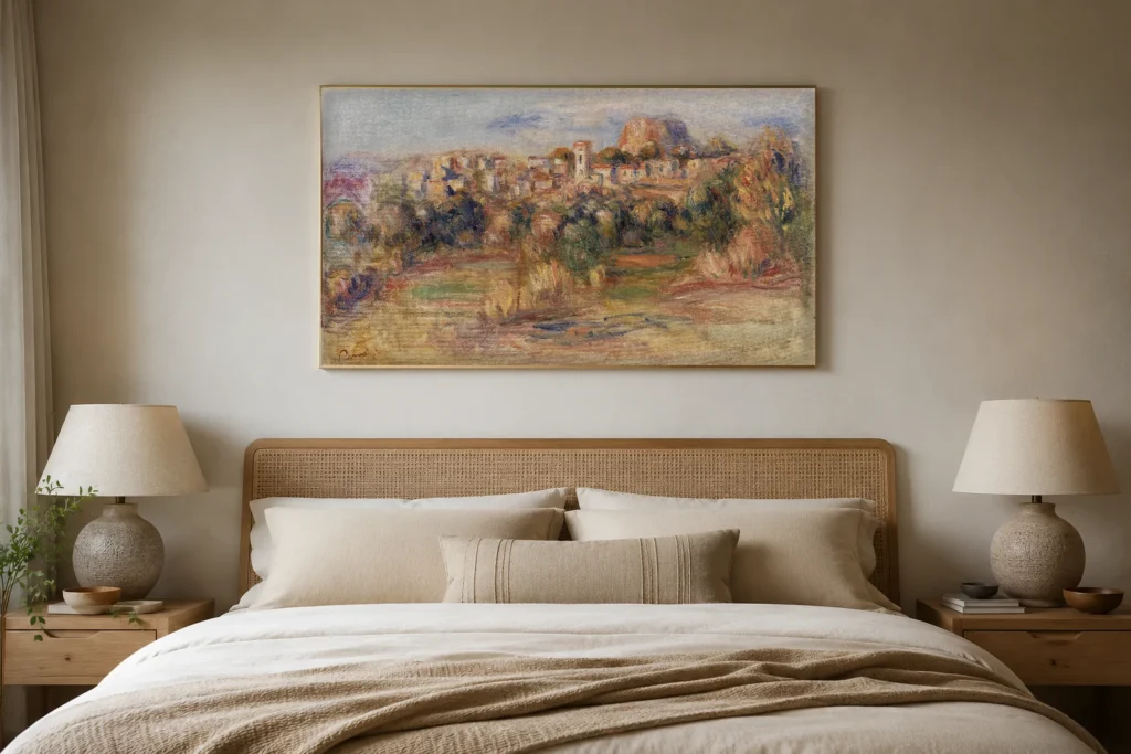 Framed print of Landscape, La Gaude (Paysage, La Gaude) hanging on a wall in a furnished room