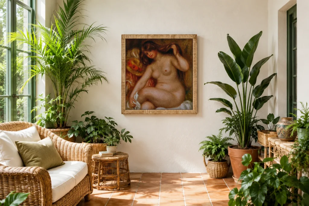 Framed print of Large Bather hanging on a wall in a furnished room