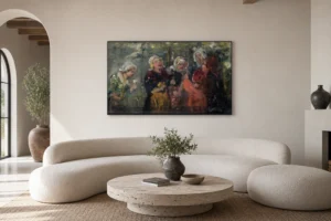 Framed print of Laughing Peasant Girls hanging on a wall in a furnished room