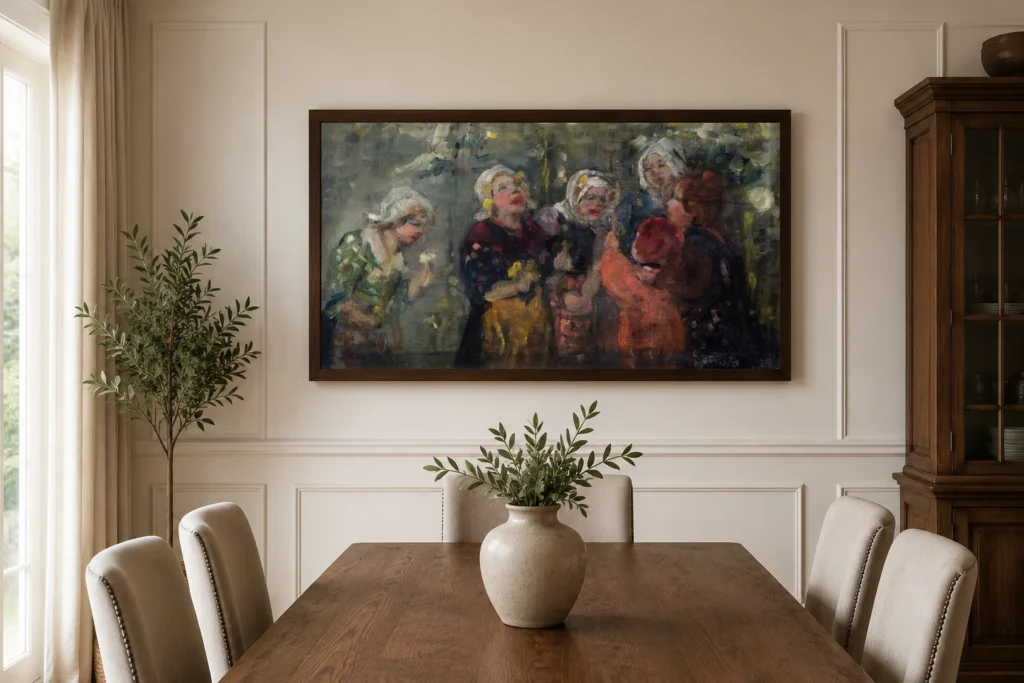 Framed print of Laughing Peasant Girls hanging on a wall in a furnished room