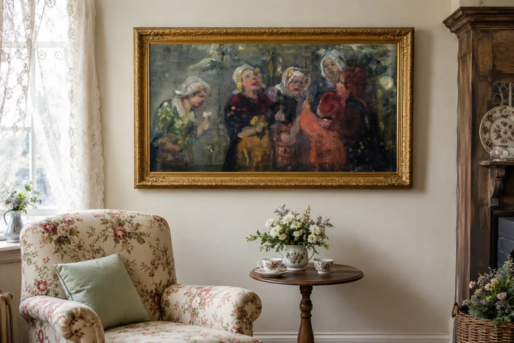 Framed print of Laughing Peasant Girls hanging on a wall in a furnished room