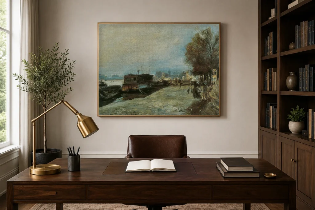 Framed print of Laundry Boat by the Banks of the Seine, near Paris hanging on a wall in a furnished room