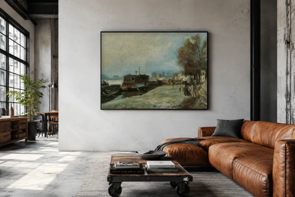 Framed print of Laundry Boat by the Banks of the Seine, near Paris hanging on a wall in a furnished room