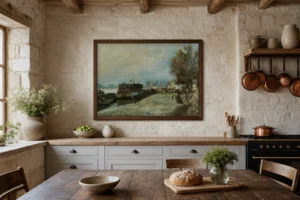 Framed print of Laundry Boat by the Banks of the Seine, near Paris hanging on a wall in a furnished room