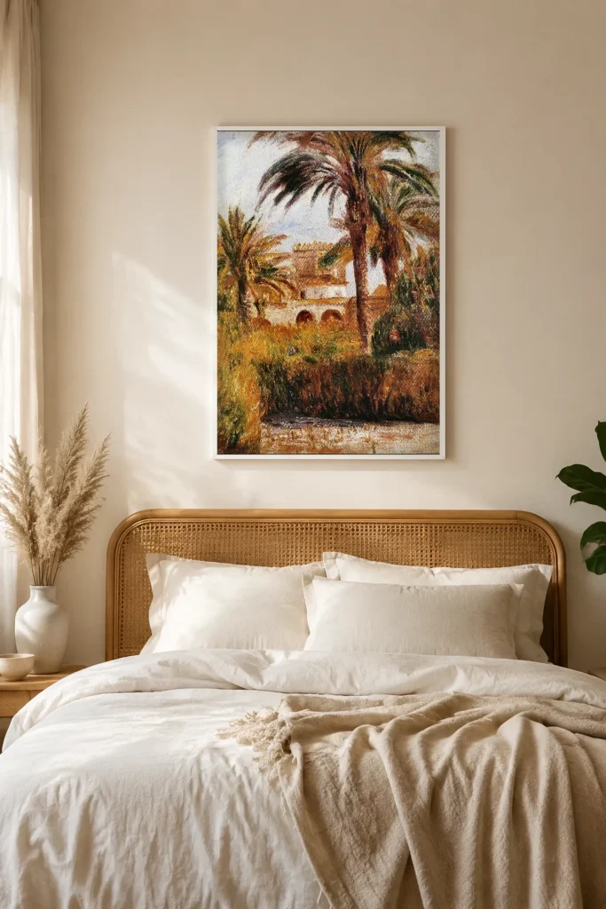 Framed print of The Garden of Essai in Algiers hanging on a wall in a furnished room