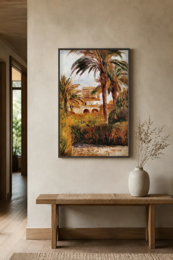 Framed print of The Garden of Essai in Algiers hanging on a wall in a furnished room