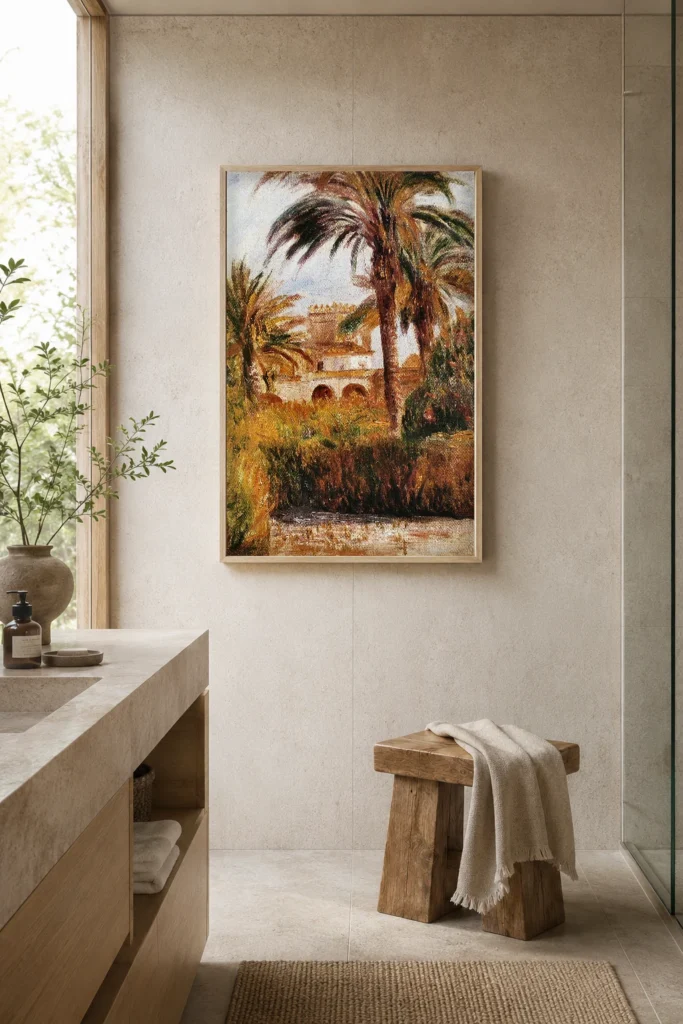 Framed print of The Garden of Essai in Algiers hanging on a wall in a furnished room