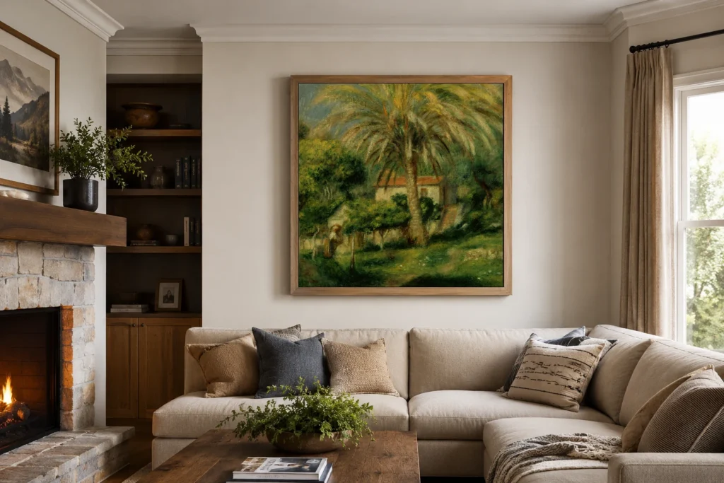 Framed print of Le Palmier hanging on a wall in a furnished room