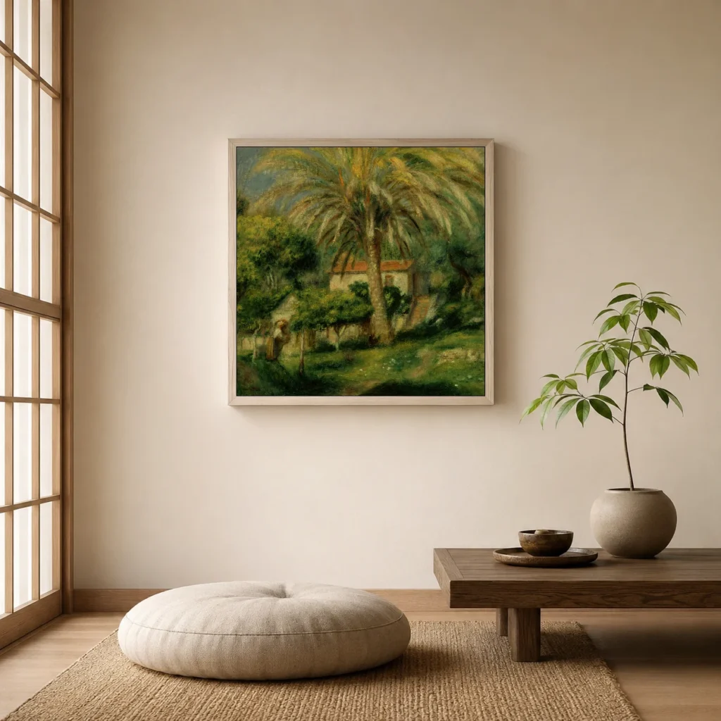 Framed print of Le Palmier hanging on a wall in a furnished room