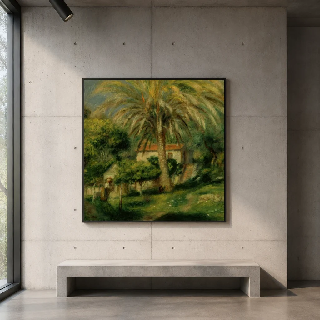 Framed print of Le Palmier hanging on a wall in a furnished room
