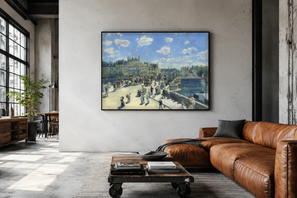 Framed print of Le Pont Neuf hanging on a wall in a furnished room
