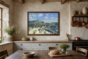 Framed print of Le Pont Neuf hanging on a wall in a furnished room
