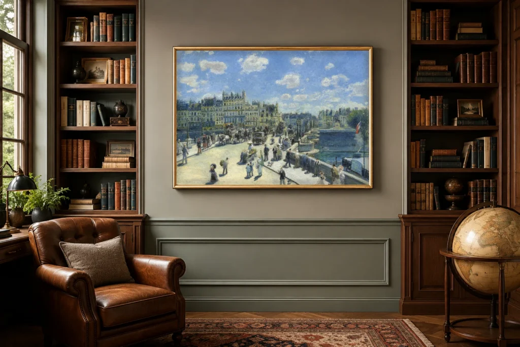 Framed print of Le Pont Neuf hanging on a wall in a furnished room