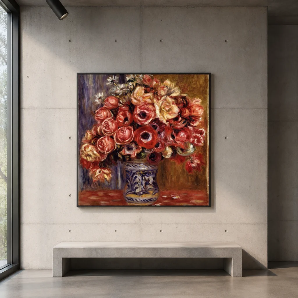 Framed print of Anemones and Roses hanging on a wall in a furnished room