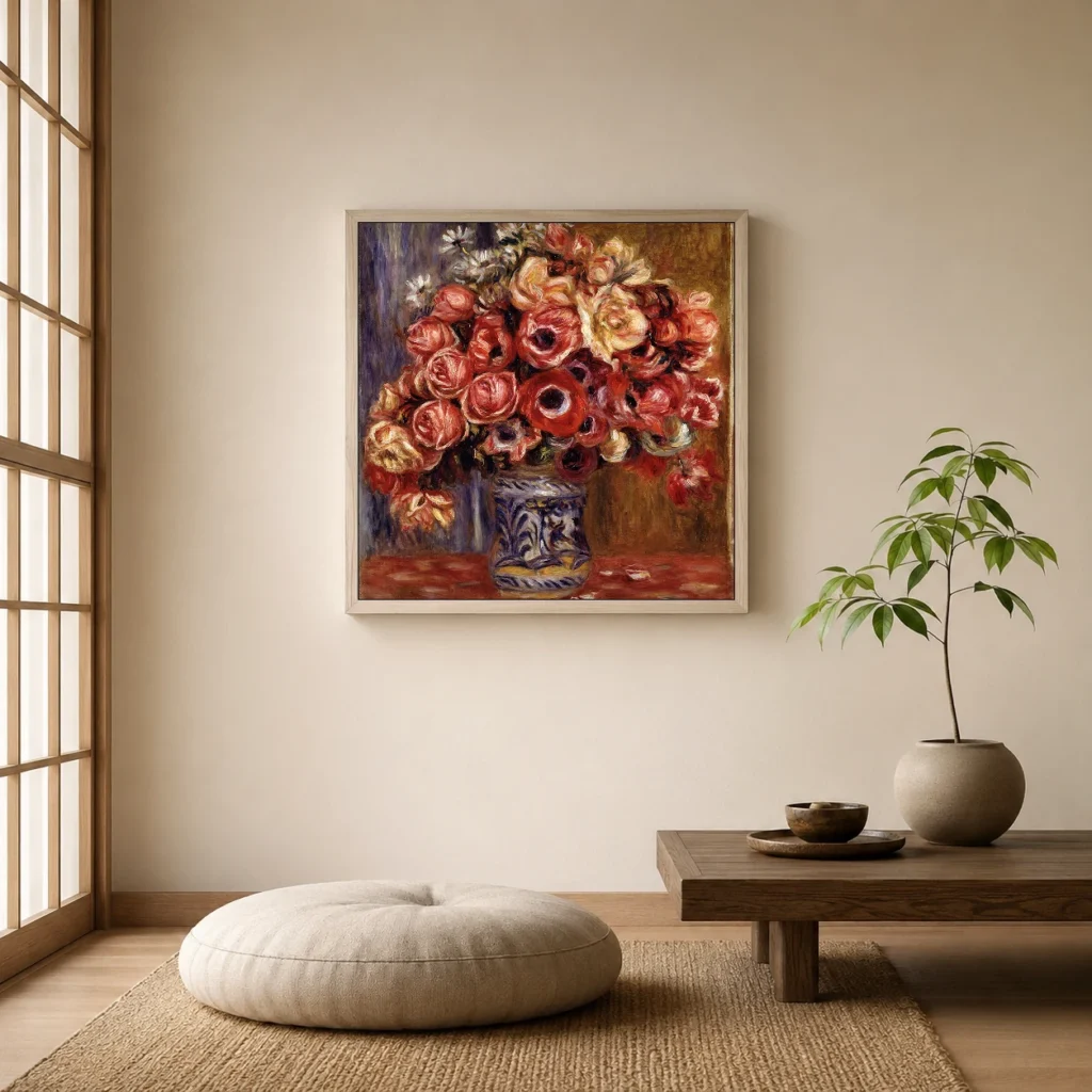 Framed print of Anemones and Roses hanging on a wall in a furnished room