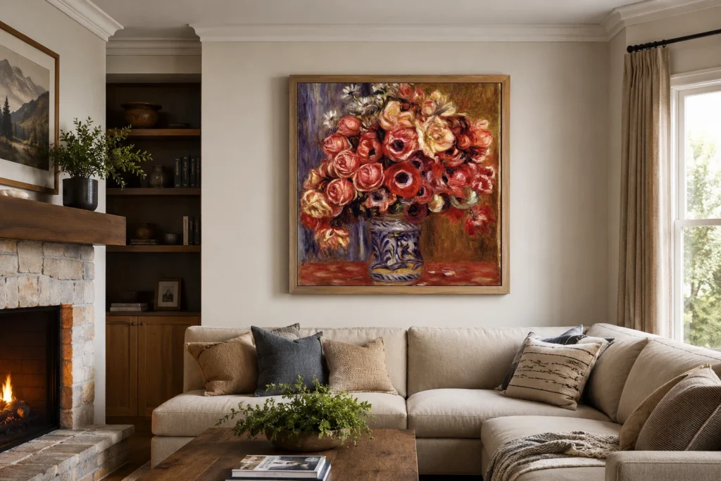 Framed print of Anemones and Roses hanging on a wall in a furnished room