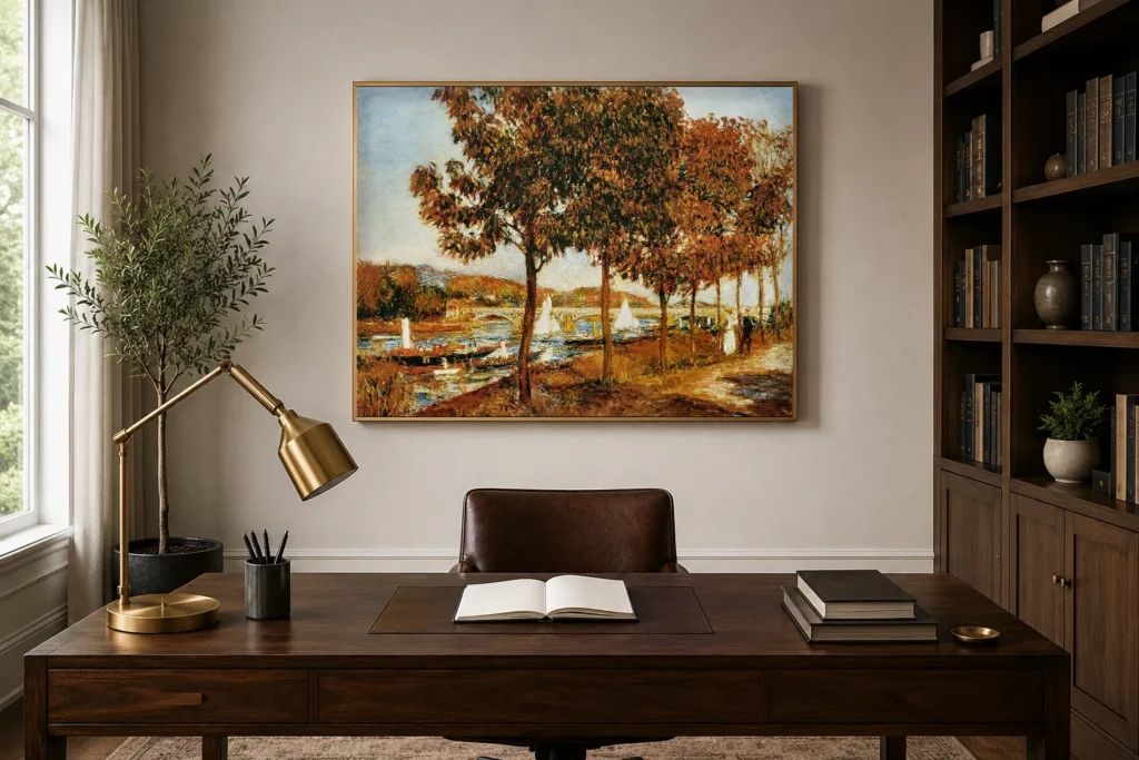 Framed print of The Bridge at Argenteuil in Autumn hanging on a wall in a furnished room