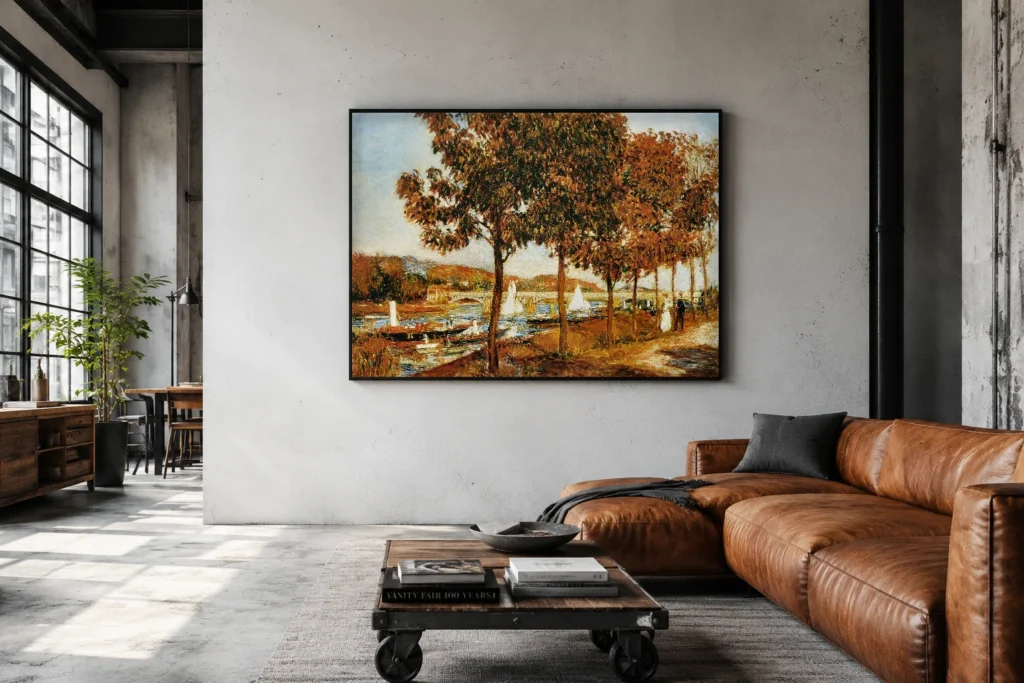 Framed print of The Bridge at Argenteuil in Autumn hanging on a wall in a furnished room