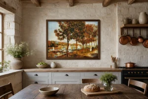 Framed print of The Bridge at Argenteuil in Autumn hanging on a wall in a furnished room