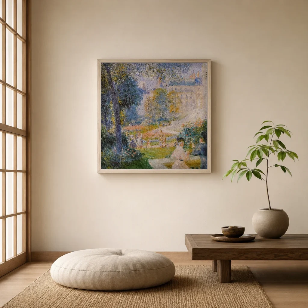 Framed print of The Trinity Square hanging on a wall in a furnished room