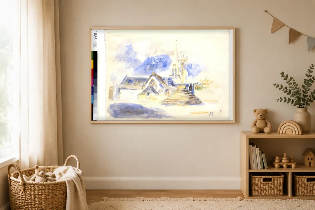Framed print of The Calvary and the Church of Nizon, near Pont-Aven, Sketch hanging on a wall in a furnished room