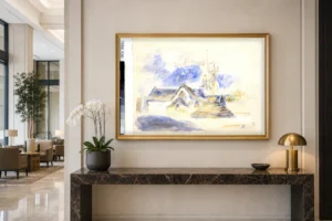 Framed print of The Calvary and the Church of Nizon, near Pont-Aven, Sketch hanging on a wall in a furnished room