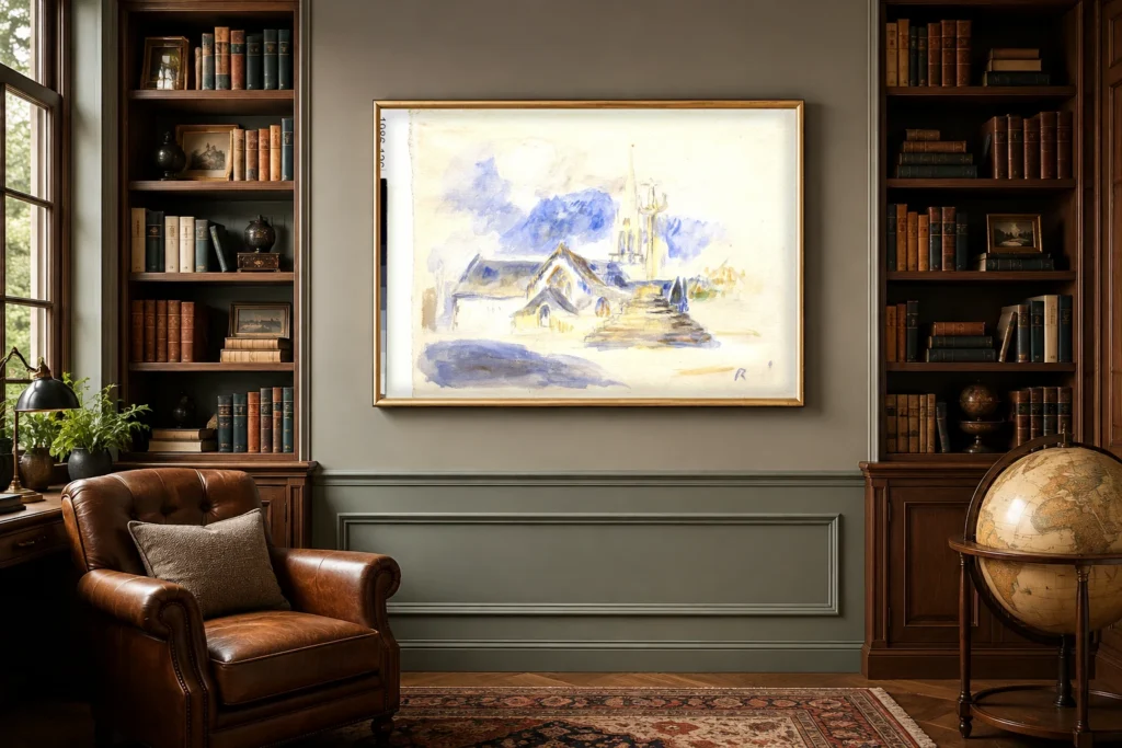 Framed print of The Calvary and the Church of Nizon, near Pont-Aven, Sketch hanging on a wall in a furnished room