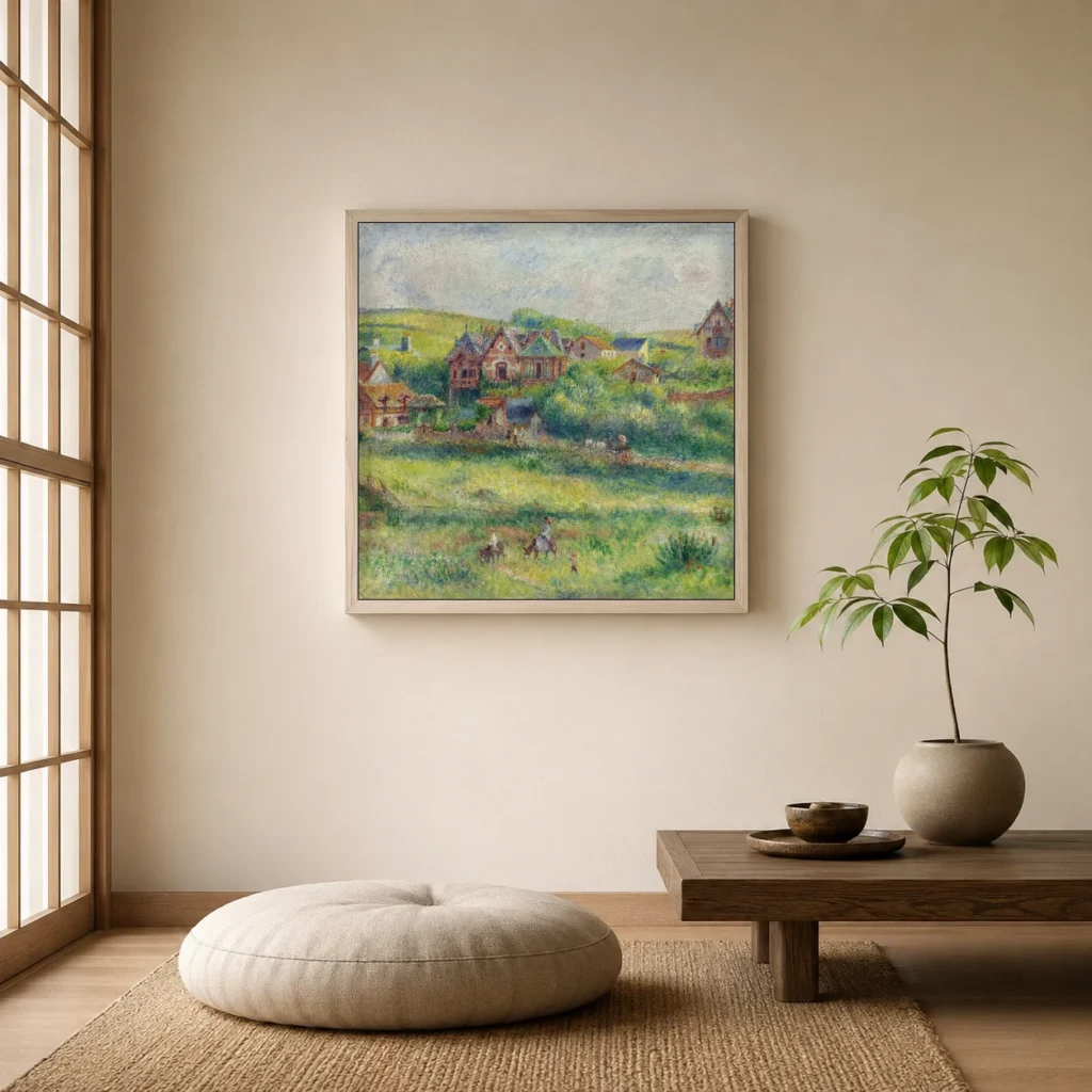 Framed print of The Chalet of Blanche Pierson at Pourville hanging on a wall in a furnished room