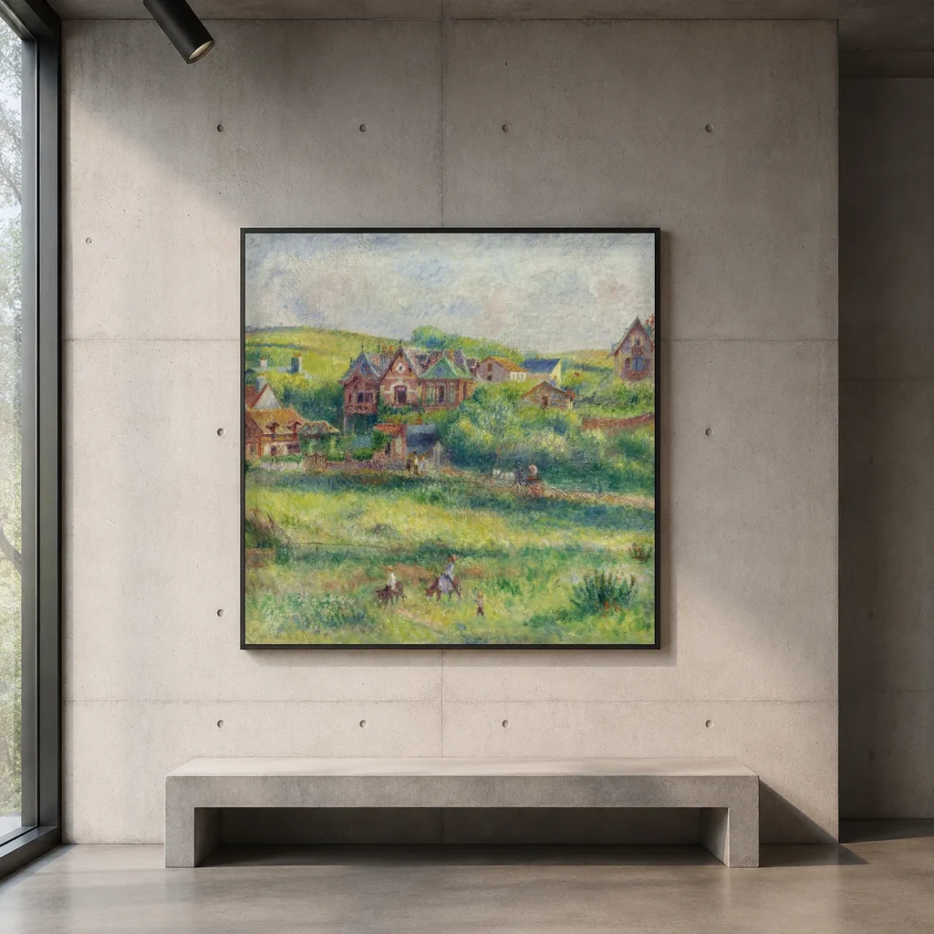 Framed print of The Chalet of Blanche Pierson at Pourville hanging on a wall in a furnished room