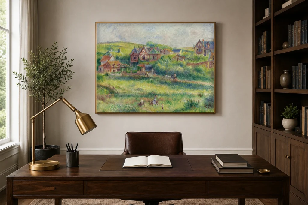 Framed print of The Chalet of Blanche Pierson at Pourville hanging on a wall in a furnished room