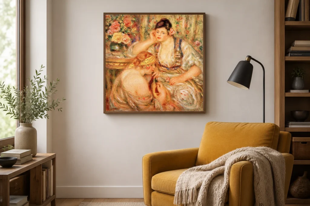Framed print of The Concert hanging on a wall in a furnished room