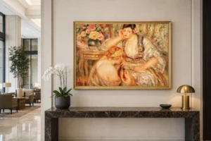 Framed print of The Concert hanging on a wall in a furnished room