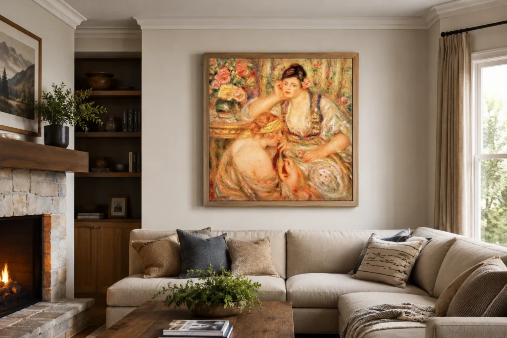 Framed print of The Concert hanging on a wall in a furnished room