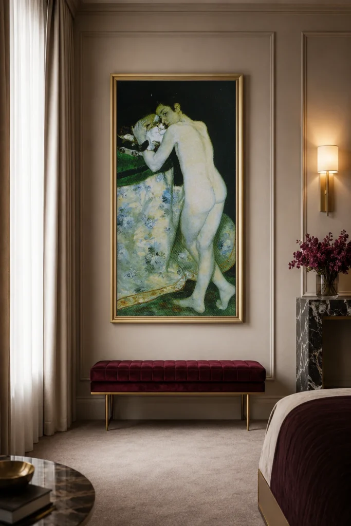Framed print of Le garçon au chat hanging on a wall in a furnished room