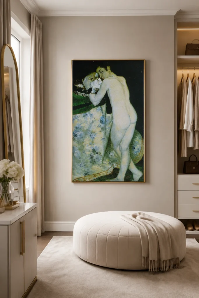 Framed print of Le garçon au chat hanging on a wall in a furnished room