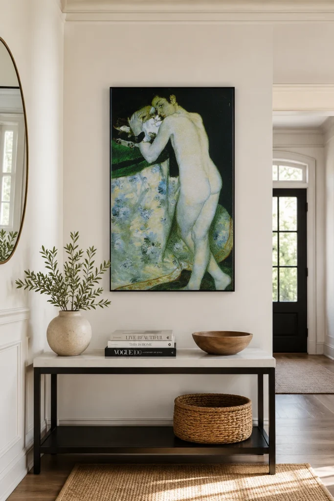 Framed print of Le garçon au chat hanging on a wall in a furnished room