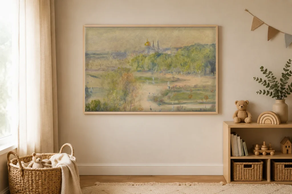 Framed print of The Tuileries Garden hanging on a wall in a furnished room